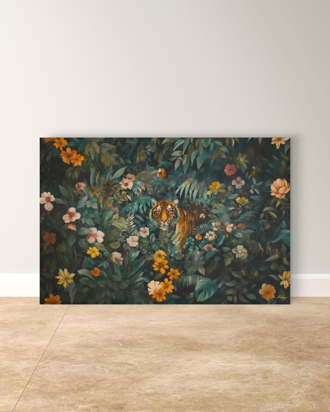 Tiger in Jungle Wall Art - Vibrant Bengal Tiger Painting for Exotic Nature Home Decor, Tropical Rainforest Animal Canvas or Framed Gift
