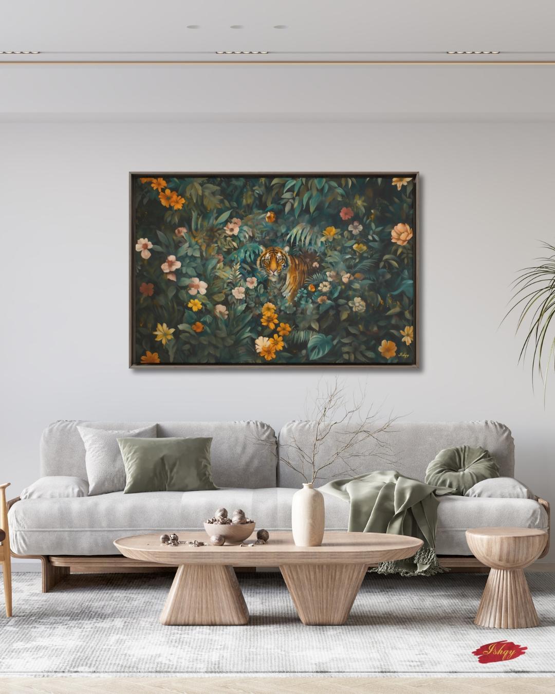 Tiger in Jungle Wall Art - Vibrant Bengal Tiger Painting for Exotic Nature Home Decor, Tropical Rainforest Animal Canvas or Framed Gift