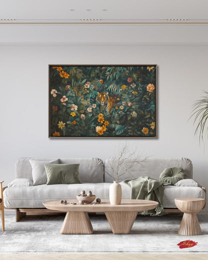 Tiger in Jungle Wall Art - Vibrant Bengal Tiger Painting for Exotic Nature Home Decor, Tropical Rainforest Animal Canvas or Framed Gift