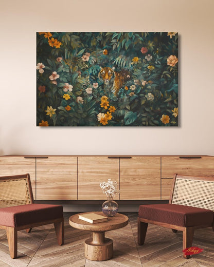 Tiger in Jungle Wall Art - Vibrant Bengal Tiger Painting for Exotic Nature Home Decor, Tropical Rainforest Animal Canvas or Framed Gift