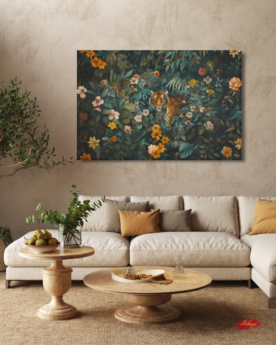 Tiger in Jungle Wall Art - Vibrant Bengal Tiger Painting for Exotic Nature Home Decor, Tropical Rainforest Animal Canvas or Framed Gift