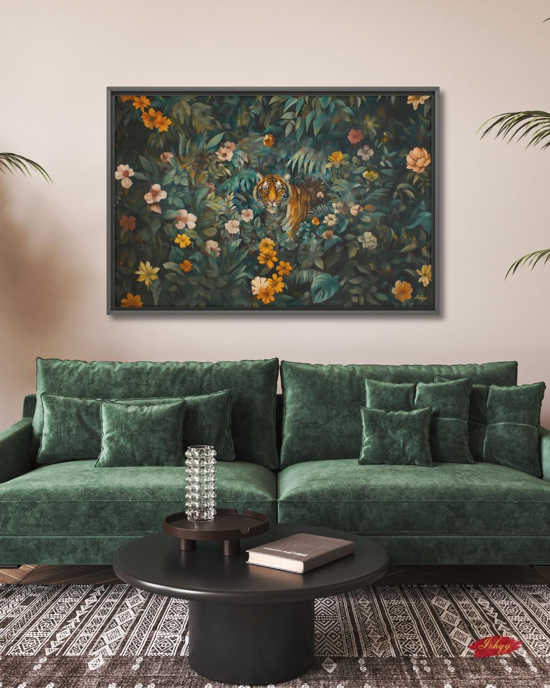 Tiger in Jungle Wall Art - Vibrant Bengal Tiger Painting for Exotic Nature Home Decor, Tropical Rainforest Animal Canvas or Framed Gift