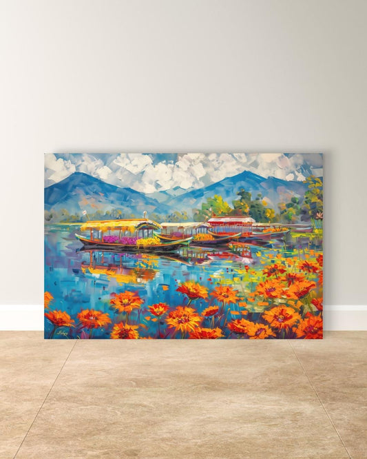 Kashmir Dal Lake Shikara Wall Art Print, Canvas, Framed Canvas, Srinagar Houseboat Floral Lake Landscape Painting, Himalayan Decor