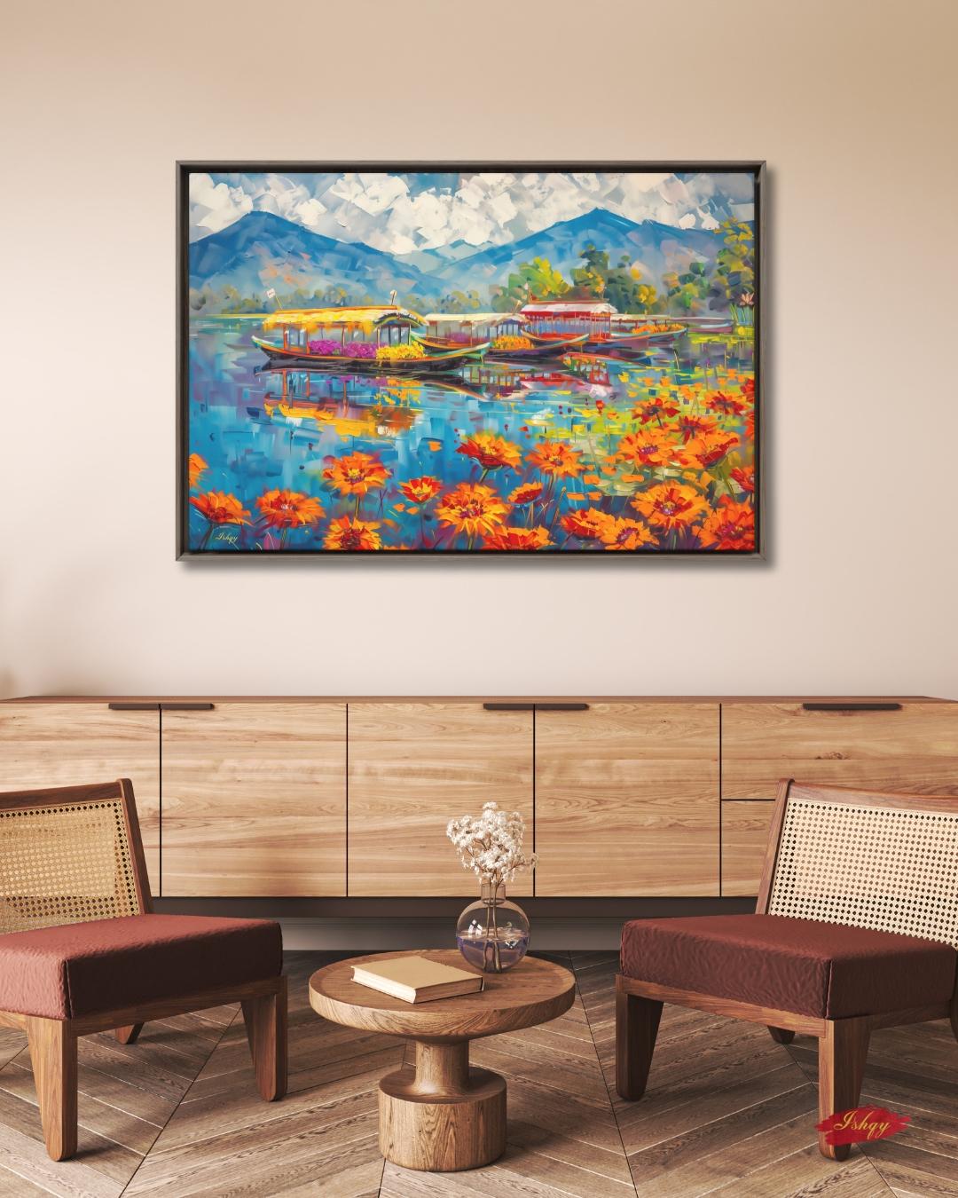 Kashmir Dal Lake Shikara Wall Art Print, Canvas, Framed Canvas, Srinagar Houseboat Floral Lake Landscape Painting, Himalayan Decor