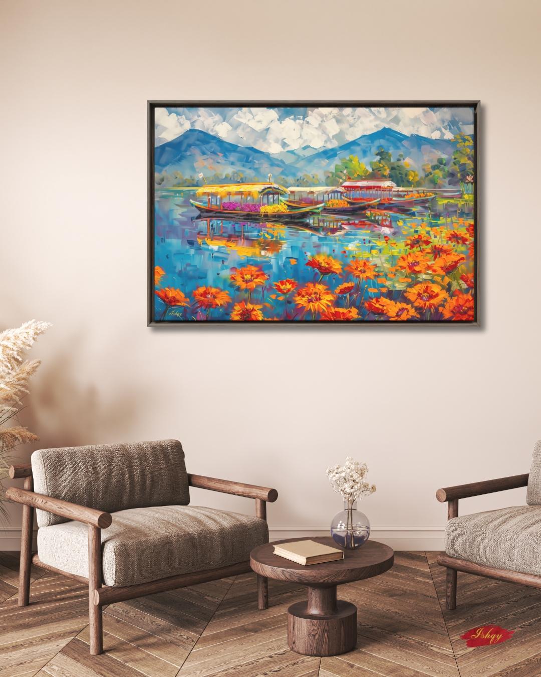 Kashmir Dal Lake Shikara Wall Art Print, Canvas, Framed Canvas, Srinagar Houseboat Floral Lake Landscape Painting, Himalayan Decor