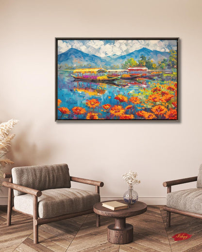 Kashmir Dal Lake Shikara Wall Art Print, Canvas, Framed Canvas, Srinagar Houseboat Floral Lake Landscape Painting, Himalayan Decor