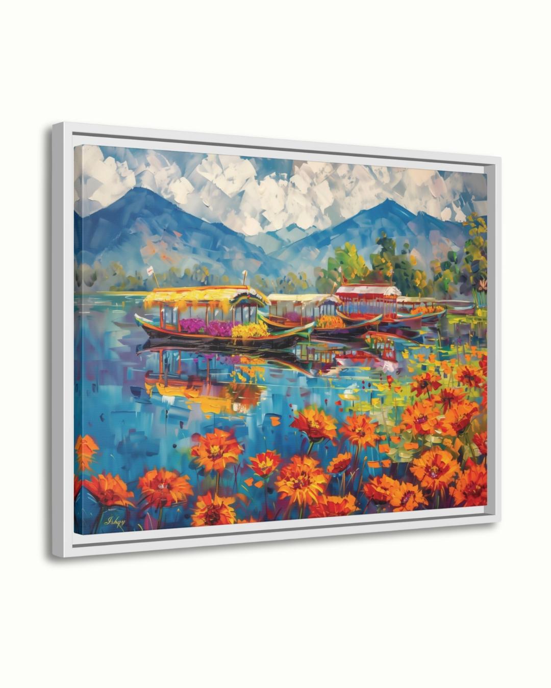 Kashmir Dal Lake Shikara Wall Art Print, Canvas, Framed Canvas, Srinagar Houseboat Floral Lake Landscape Painting, Himalayan Decor
