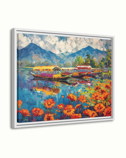 Kashmir Dal Lake Shikara Wall Art Print, Canvas, Framed Canvas, Srinagar Houseboat Floral Lake Landscape Painting, Himalayan Decor
