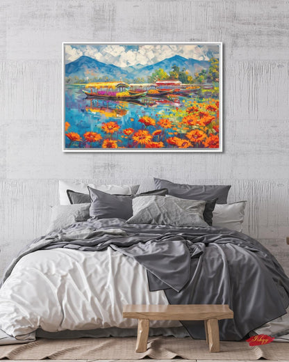 Kashmir Dal Lake Shikara Wall Art Print, Canvas, Framed Canvas, Srinagar Houseboat Floral Lake Landscape Painting, Himalayan Decor