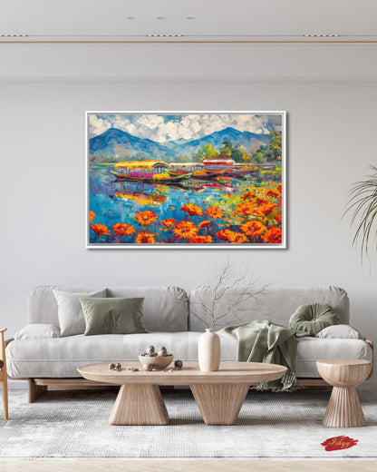 Kashmir Dal Lake Shikara Wall Art Print, Canvas, Framed Canvas, Srinagar Houseboat Floral Lake Landscape Painting, Himalayan Decor