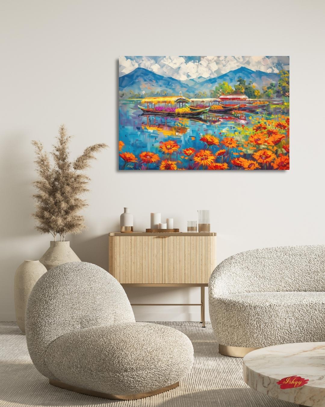 Kashmir Dal Lake Shikara Wall Art Print, Canvas, Framed Canvas, Srinagar Houseboat Floral Lake Landscape Painting, Himalayan Decor