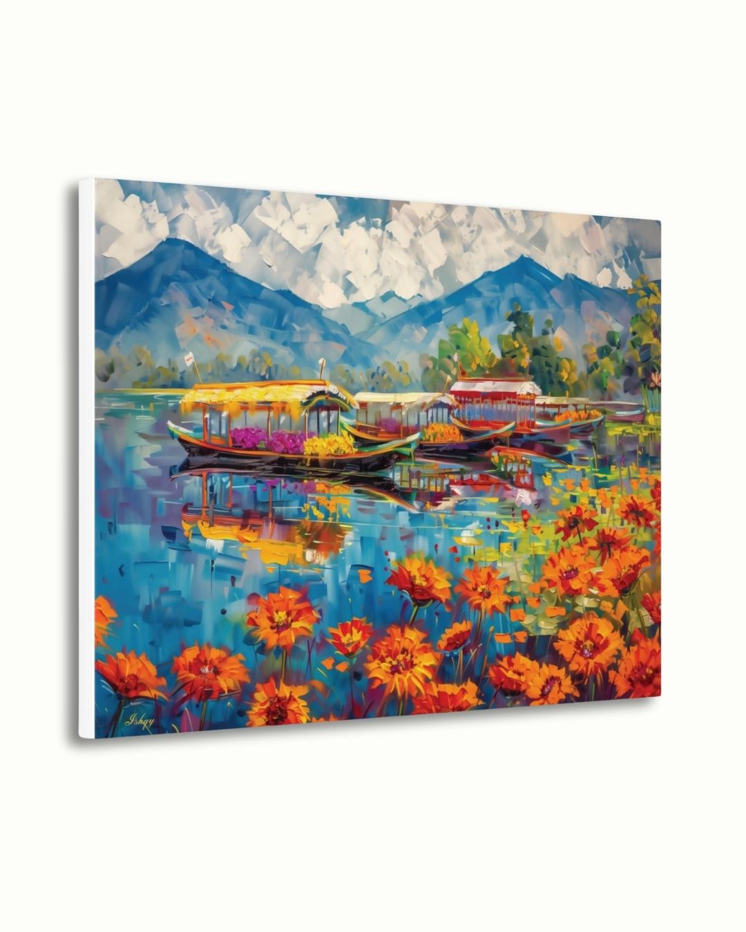 Kashmir Dal Lake Shikara Wall Art Print, Canvas, Framed Canvas, Srinagar Houseboat Floral Lake Landscape Painting, Himalayan Decor