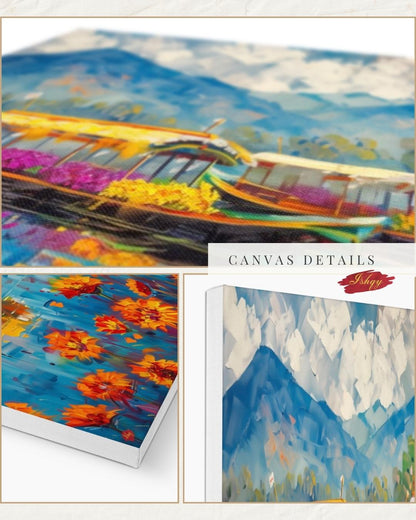 Kashmir Dal Lake Shikara Wall Art Print, Canvas, Framed Canvas, Srinagar Houseboat Floral Lake Landscape Painting, Himalayan Decor