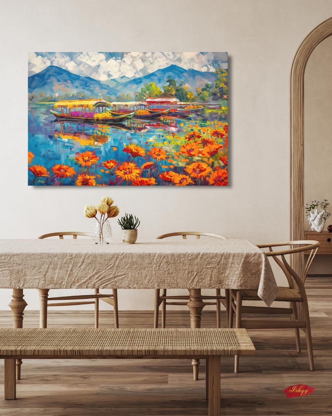 Kashmir Dal Lake Shikara Wall Art Print, Canvas, Framed Canvas, Srinagar Houseboat Floral Lake Landscape Painting, Himalayan Decor