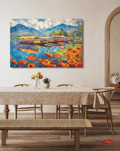 Kashmir Dal Lake Shikara Wall Art Print, Canvas, Framed Canvas, Srinagar Houseboat Floral Lake Landscape Painting, Himalayan Decor