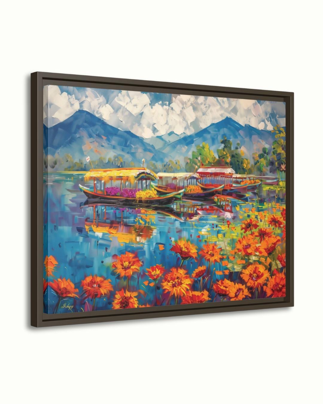 Kashmir Dal Lake Shikara Wall Art Print, Canvas, Framed Canvas, Srinagar Houseboat Floral Lake Landscape Painting, Himalayan Decor