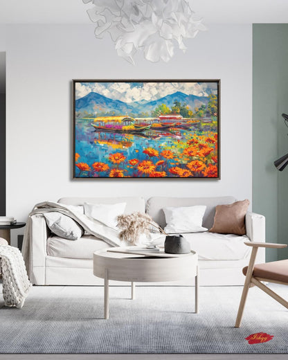 Kashmir Dal Lake Shikara Wall Art Print, Canvas, Framed Canvas, Srinagar Houseboat Floral Lake Landscape Painting, Himalayan Decor