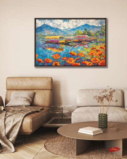 Kashmir Dal Lake Shikara Wall Art Print, Canvas, Framed Canvas, Srinagar Houseboat Floral Lake Landscape Painting, Himalayan Decor