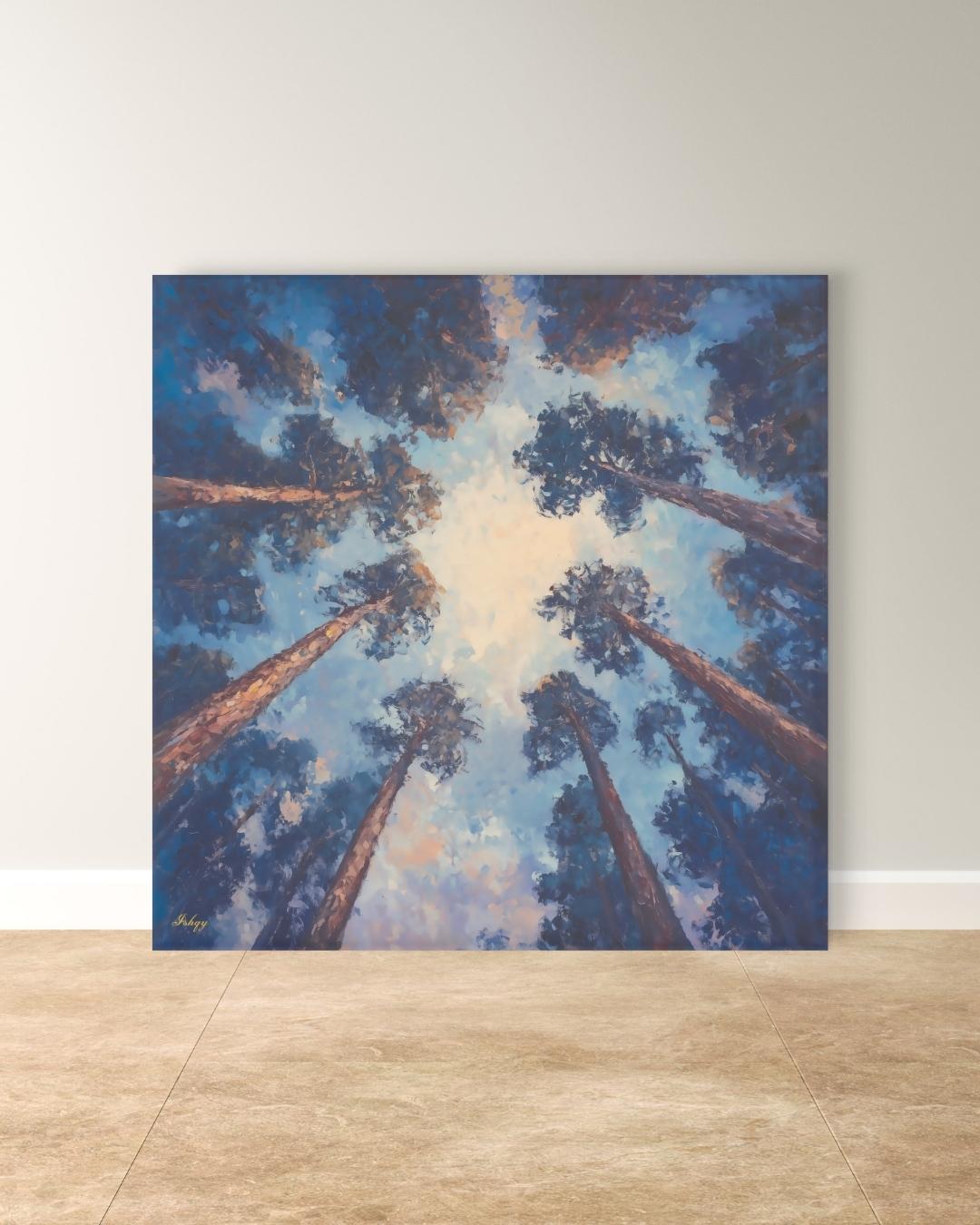 Majestic Redwood Forest Painting Print, Skyward Tree Canopy Landscape Wall Art, California Nature Canvas Living Room, Bedroom, Office Decor