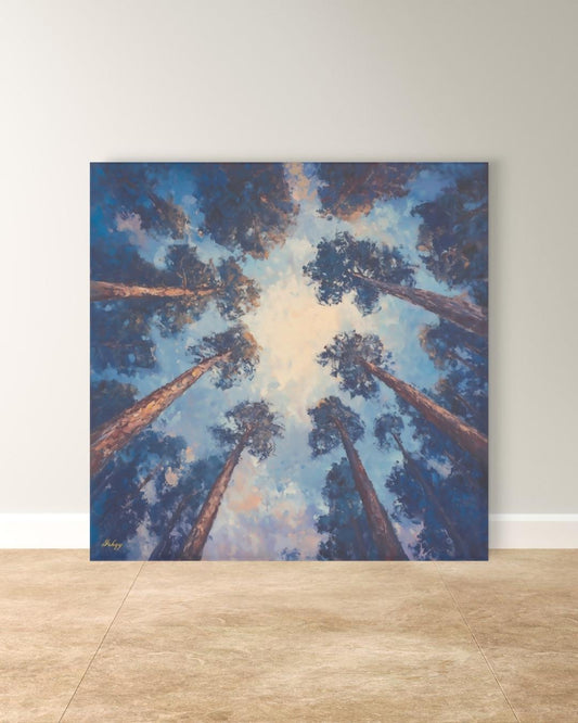 Majestic Redwood Forest Painting Print, Skyward Tree Canopy Landscape Wall Art, California Nature Canvas Living Room, Bedroom, Office Decor