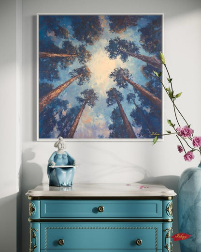 Majestic Redwood Forest Painting Print, Skyward Tree Canopy Landscape Wall Art, California Nature Canvas Living Room, Bedroom, Office Decor