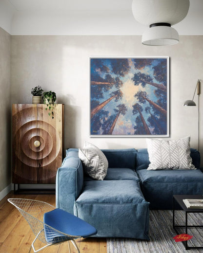 Majestic Redwood Forest Painting Print, Skyward Tree Canopy Landscape Wall Art, California Nature Canvas Living Room, Bedroom, Office Decor