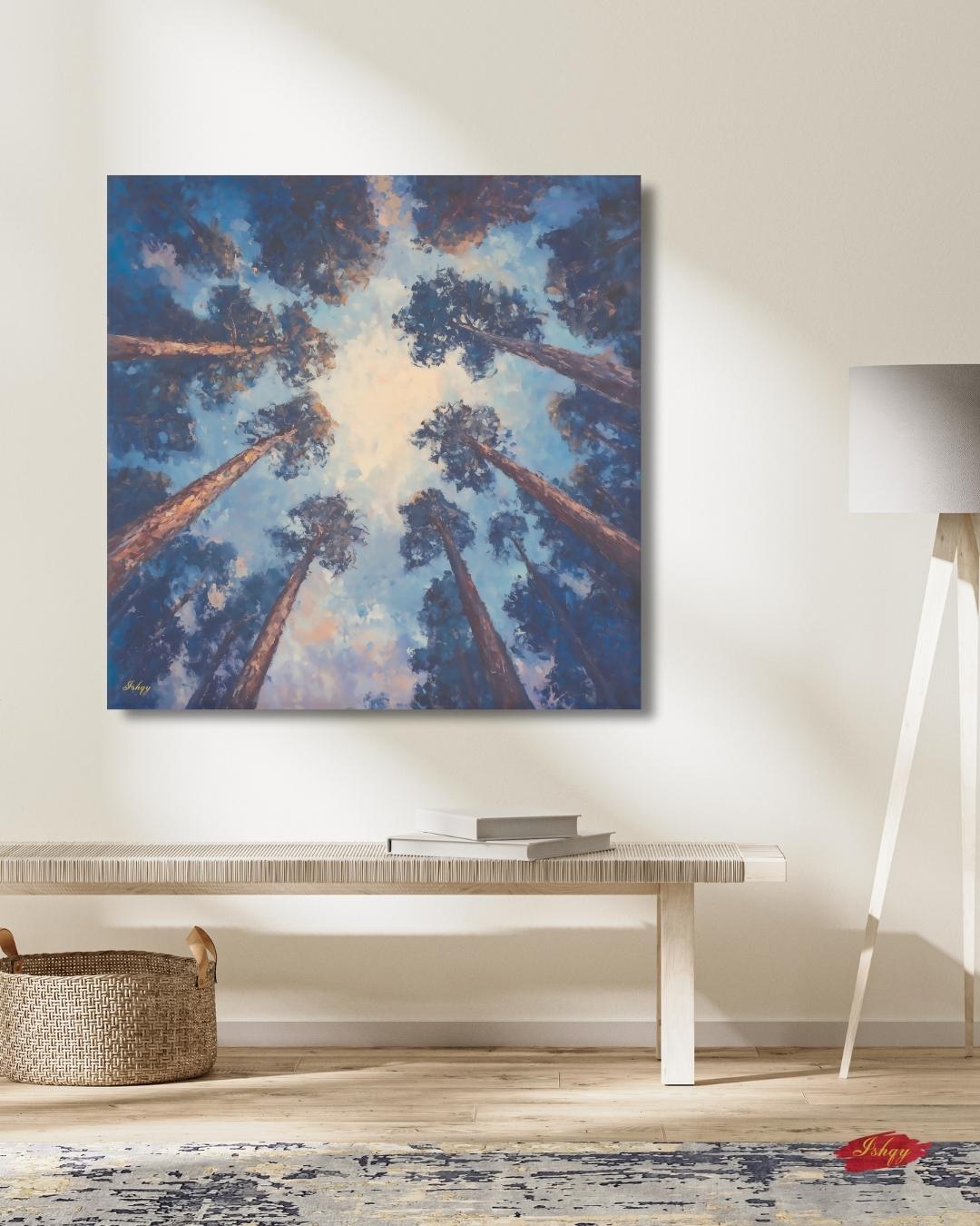 Majestic Redwood Forest Painting Print, Skyward Tree Canopy Landscape Wall Art, California Nature Canvas Living Room, Bedroom, Office Decor