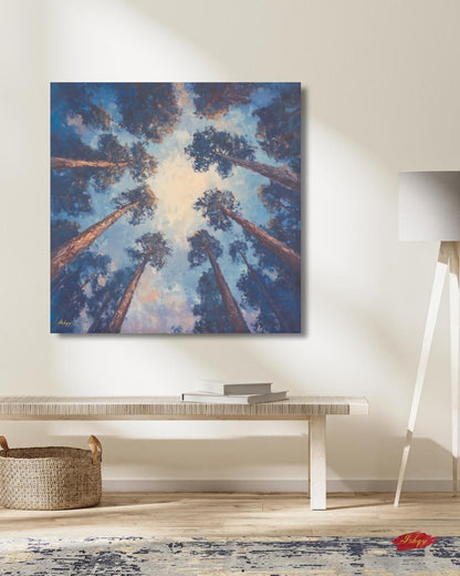 Majestic Redwood Forest Painting Print, Skyward Tree Canopy Landscape Wall Art, California Nature Canvas Living Room, Bedroom, Office Decor