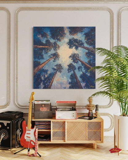 Majestic Redwood Forest Painting Print, Skyward Tree Canopy Landscape Wall Art, California Nature Canvas Living Room, Bedroom, Office Decor