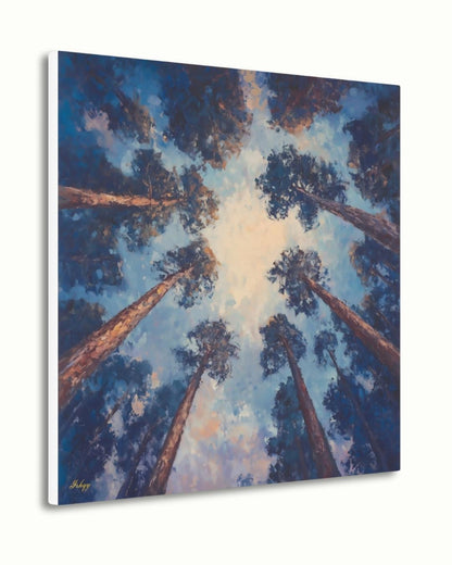 Majestic Redwood Forest Painting Print, Skyward Tree Canopy Landscape Wall Art, California Nature Canvas Living Room, Bedroom, Office Decor