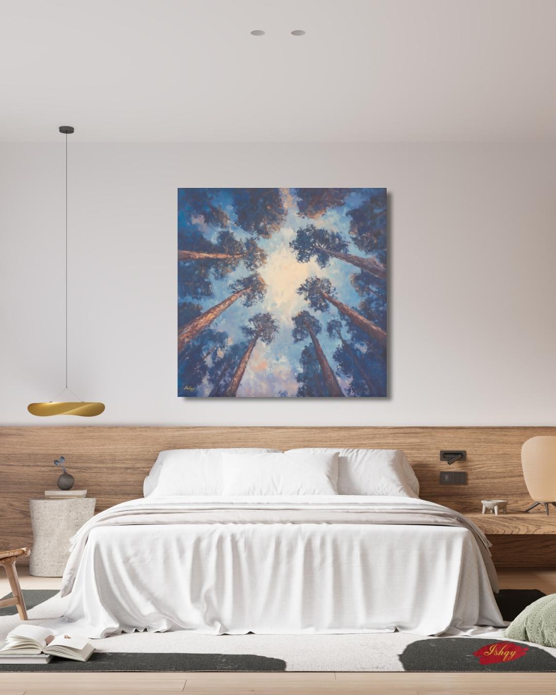 Majestic Redwood Forest Painting Print, Skyward Tree Canopy Landscape Wall Art, California Nature Canvas Living Room, Bedroom, Office Decor