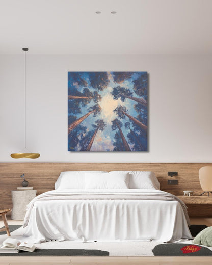 Majestic Redwood Forest Painting Print, Skyward Tree Canopy Landscape Wall Art, California Nature Canvas Living Room, Bedroom, Office Decor