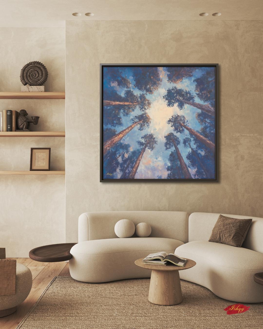 Majestic Redwood Forest Painting Print, Skyward Tree Canopy Landscape Wall Art, California Nature Canvas Living Room, Bedroom, Office Decor