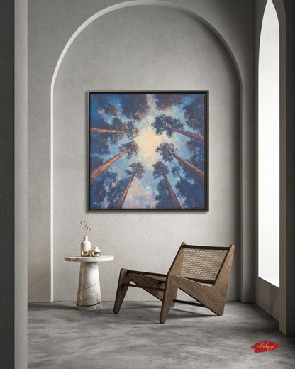 Majestic Redwood Forest Painting Print, Skyward Tree Canopy Landscape Wall Art, California Nature Canvas Living Room, Bedroom, Office Decor