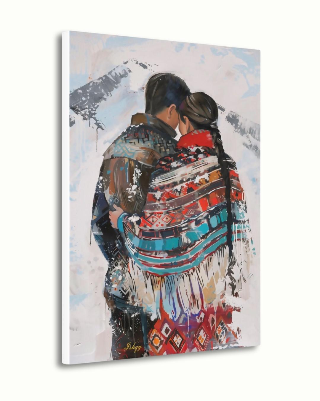 Sami Couple Portrait Painting Canvas Framed Canvas, Lapland Nordic Art Print, Scandinavian Mountain Wall Art For Cabin Living Room Bedroom, Cozy Decor