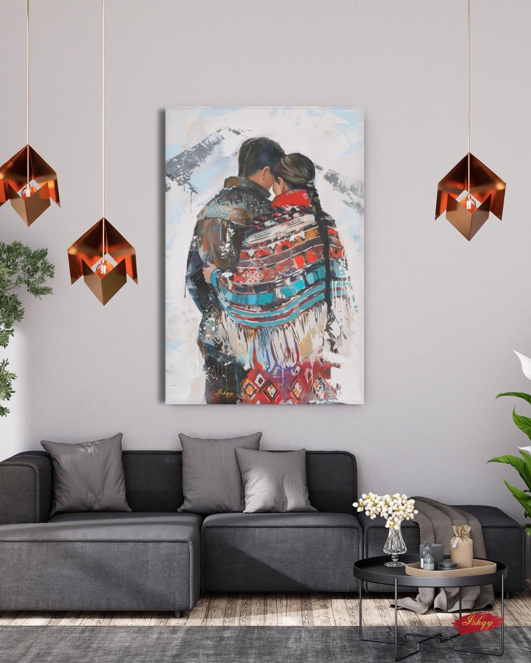 Sami Couple Portrait Painting Canvas Framed Canvas, Lapland Nordic Art Print, Scandinavian Mountain Wall Art For Cabin Living Room Bedroom, Cozy Decor