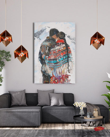 Sami Couple Portrait Painting Canvas Framed Canvas, Lapland Nordic Art Print, Scandinavian Mountain Wall Art For Cabin Living Room Bedroom, Cozy Decor
