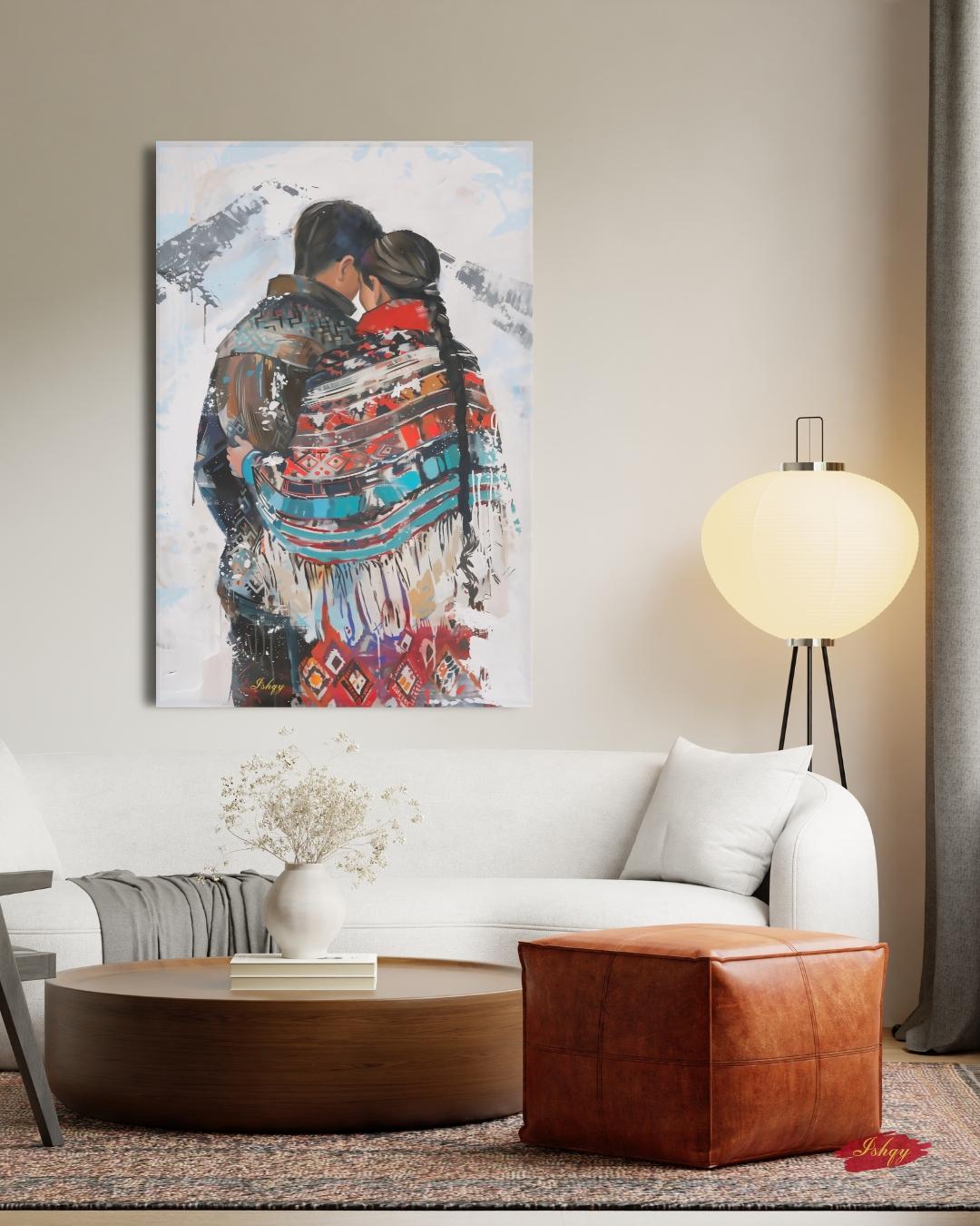 Sami Couple Portrait Painting Canvas Framed Canvas, Lapland Nordic Art Print, Scandinavian Mountain Wall Art For Cabin Living Room Bedroom, Cozy Decor