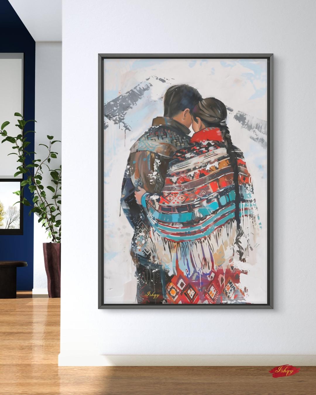Sami Couple Portrait Painting Canvas Framed Canvas, Lapland Nordic Art Print, Scandinavian Mountain Wall Art For Cabin Living Room Bedroom, Cozy Decor