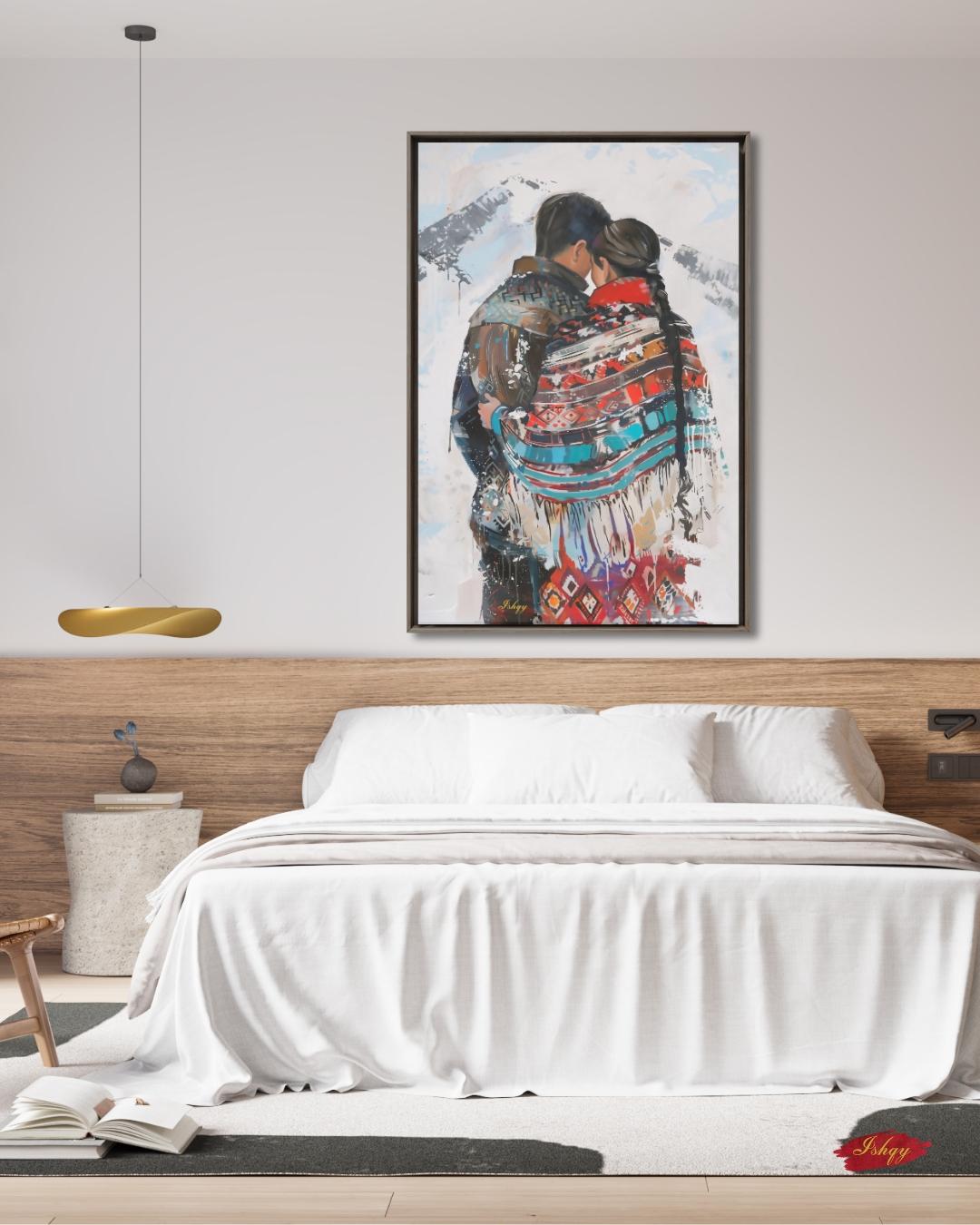 Sami Couple Portrait Painting Canvas Framed Canvas, Lapland Nordic Art Print, Scandinavian Mountain Wall Art For Cabin Living Room Bedroom, Cozy Decor