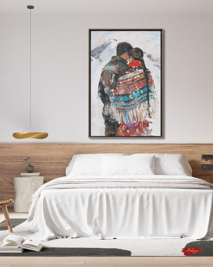 Sami Couple Portrait Painting Canvas Framed Canvas, Lapland Nordic Art Print, Scandinavian Mountain Wall Art For Cabin Living Room Bedroom, Cozy Decor