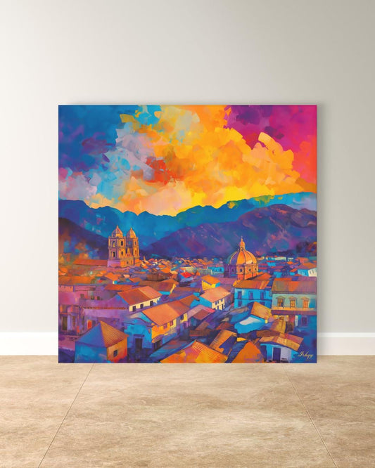 Cusco’s terracotta rooftops and cathedral domes beneath an Andean sunset—rich, travel-bright color for living rooms or offices.