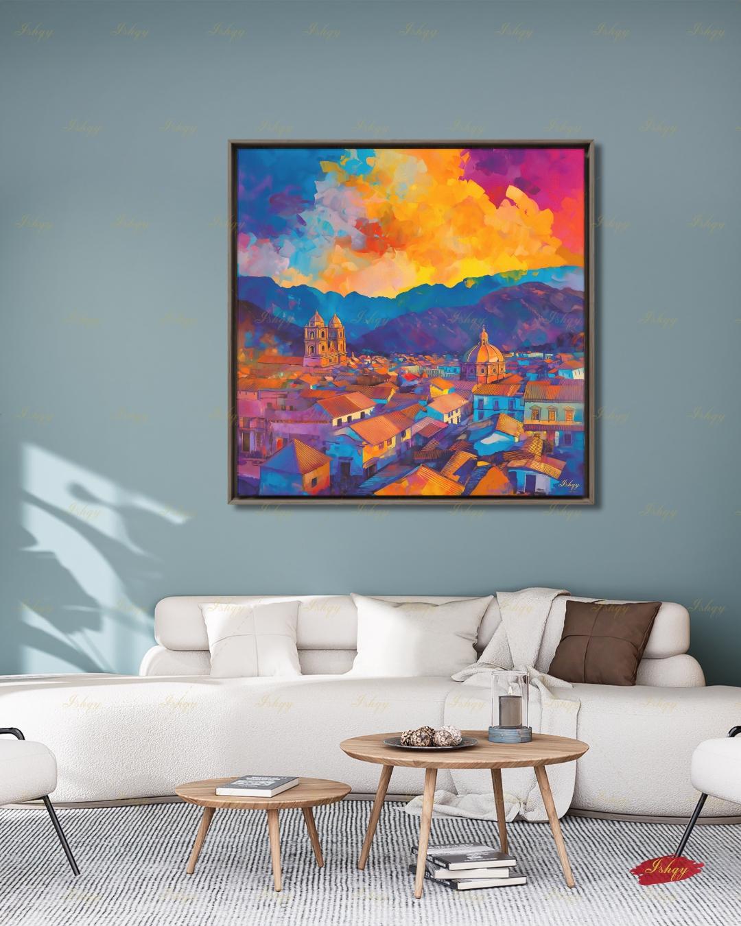 Cusco Wall Art, Colorful Peru Sunset Skyline Canvas Print, Vibrant Andes Cityscape Decor, Latin America Travel Art, Framed Canvas Gift