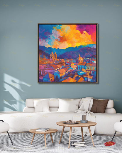 Cusco Wall Art, Colorful Peru Sunset Skyline Canvas Print, Vibrant Andes Cityscape Decor, Latin America Travel Art, Framed Canvas Gift