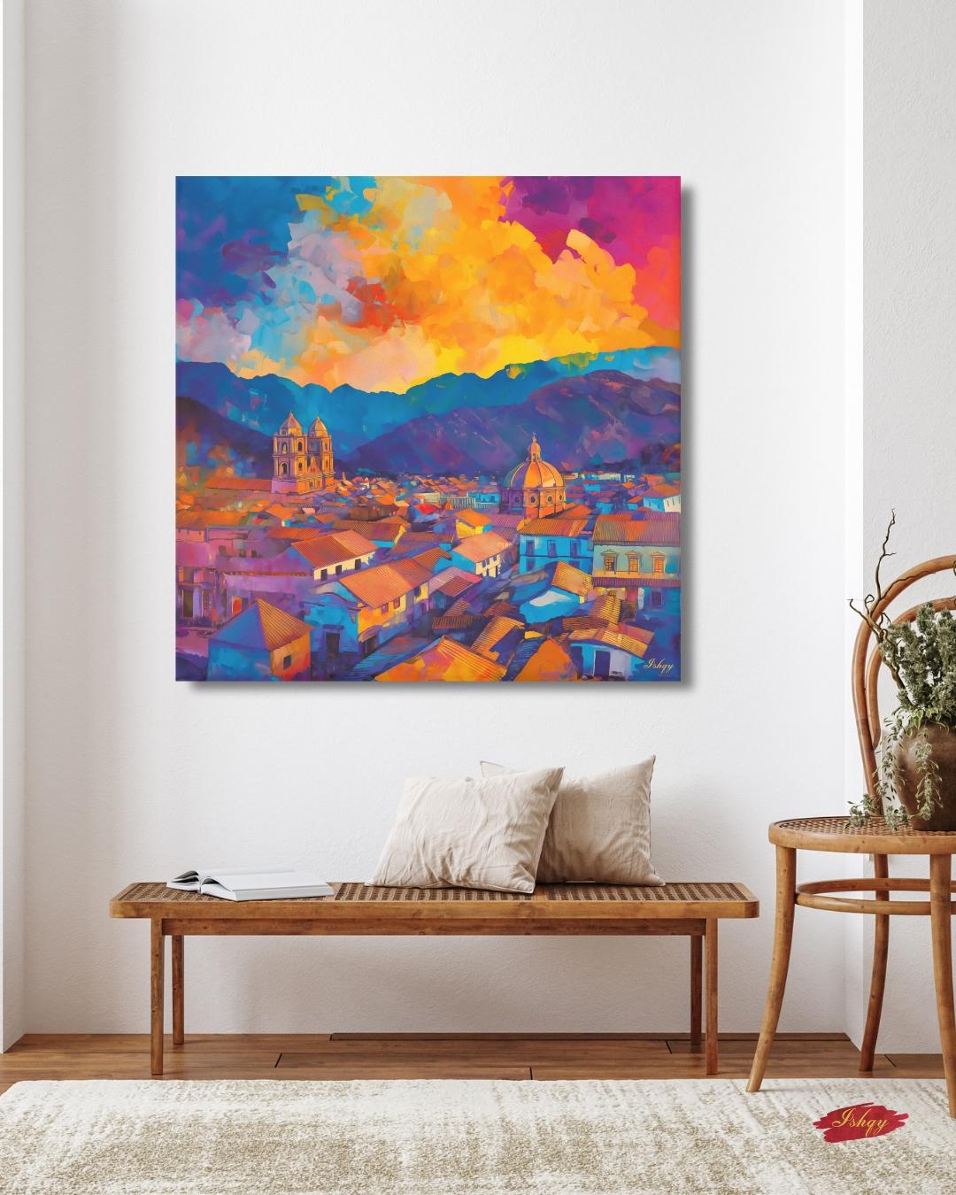 Cusco’s terracotta rooftops and cathedral domes beneath an Andean sunset—rich, travel-bright color for living rooms or offices.