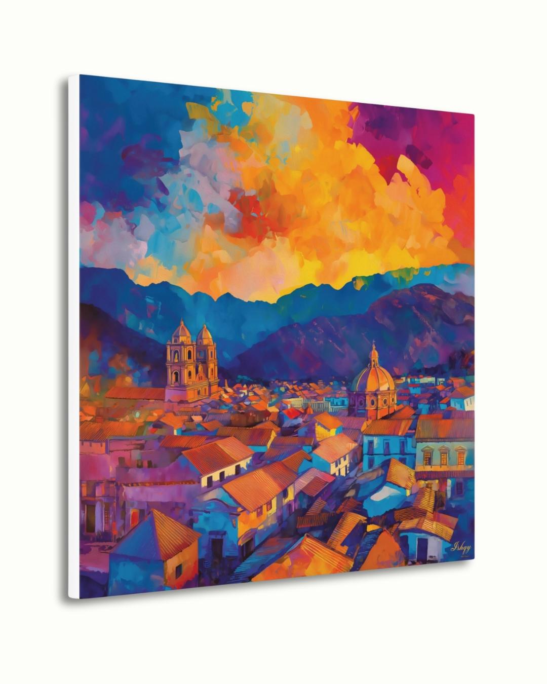 Cusco’s terracotta rooftops and cathedral domes beneath an Andean sunset—rich, travel-bright color for living rooms or offices.