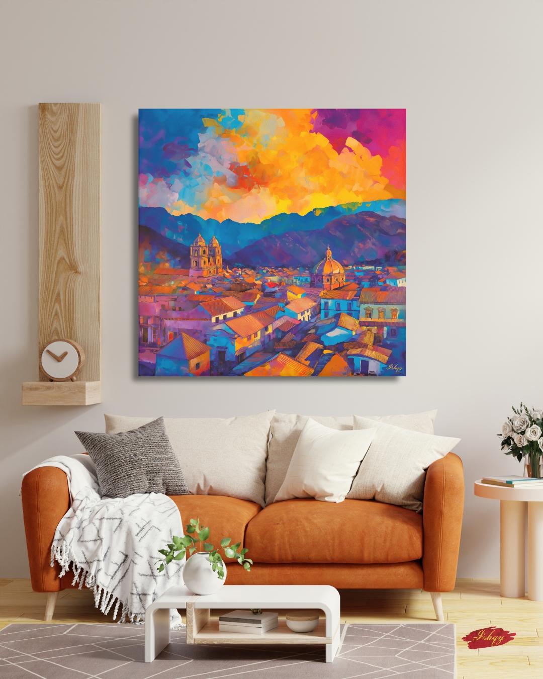 Cusco’s terracotta rooftops and cathedral domes beneath an Andean sunset—rich, travel-bright color for living rooms or offices.