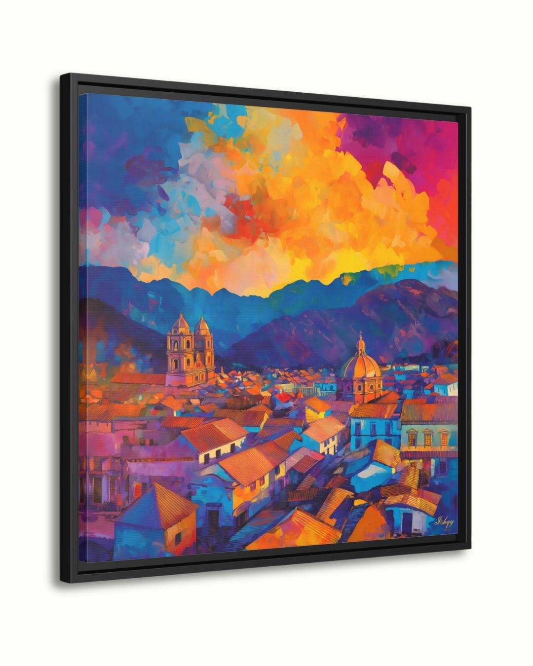 Cusco’s terracotta rooftops and cathedral domes beneath an Andean sunset—rich, travel-bright color for living rooms or offices.