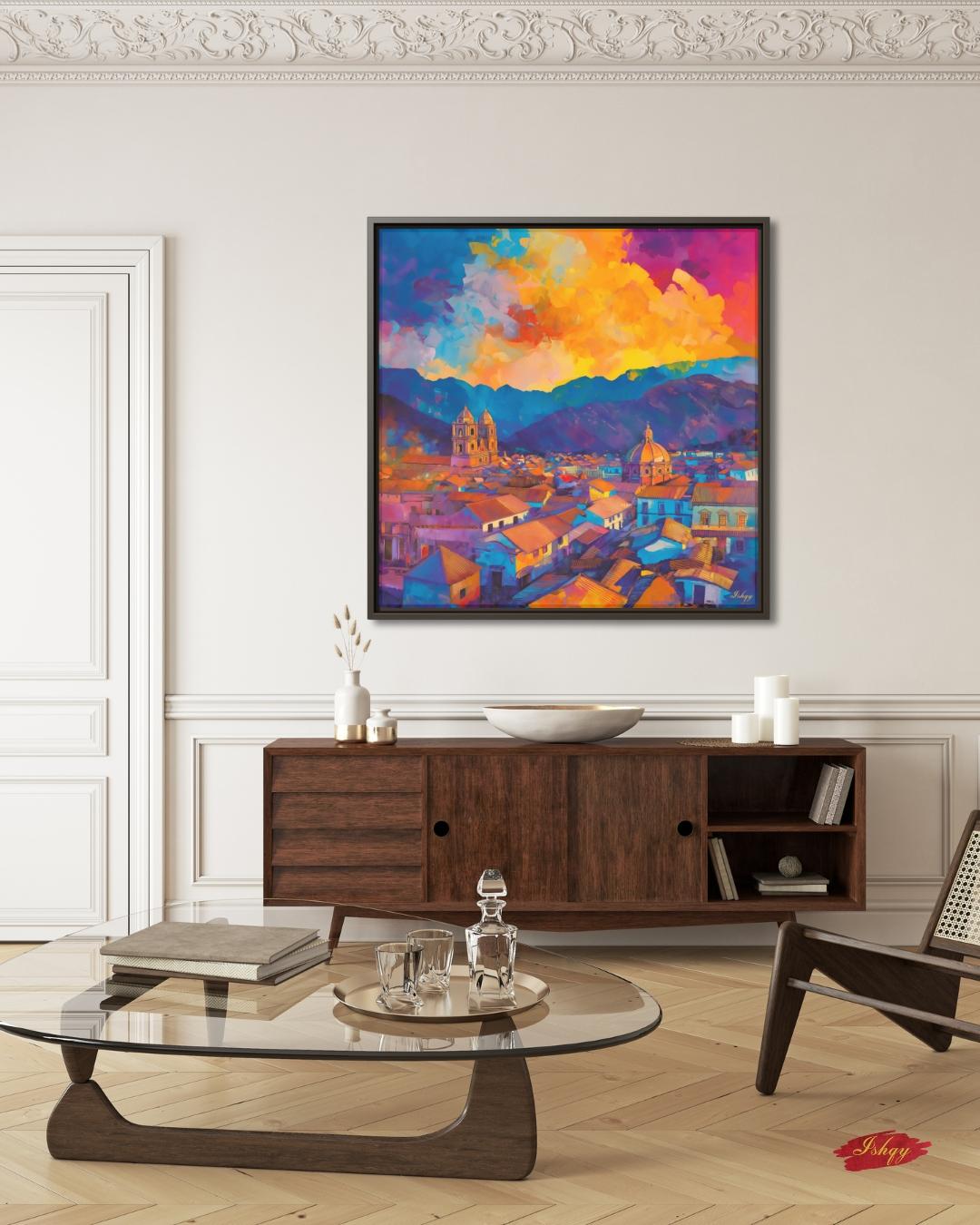 Cusco’s terracotta rooftops and cathedral domes beneath an Andean sunset—rich, travel-bright color for living rooms or offices.