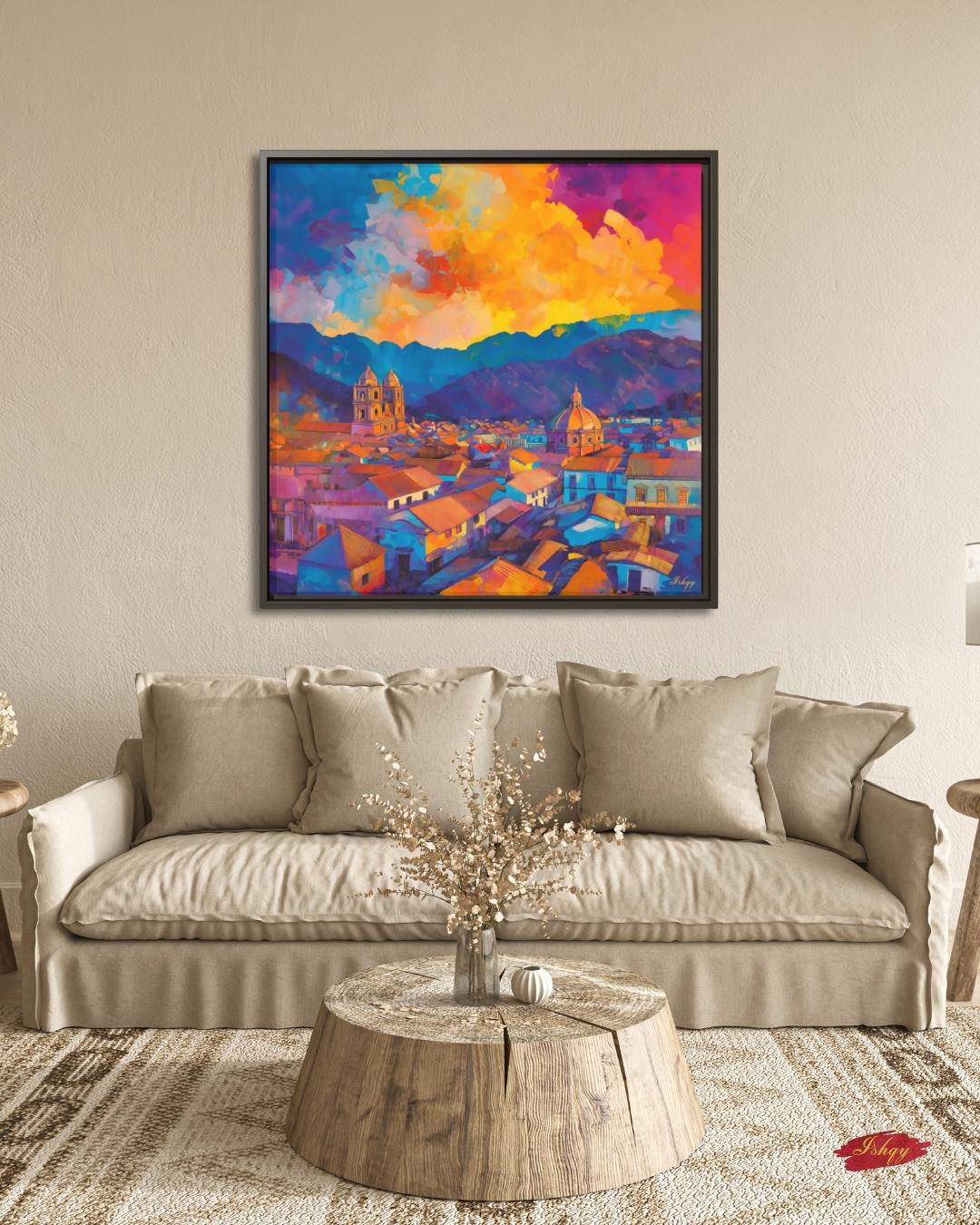 Cusco’s terracotta rooftops and cathedral domes beneath an Andean sunset—rich, travel-bright color for living rooms or offices.